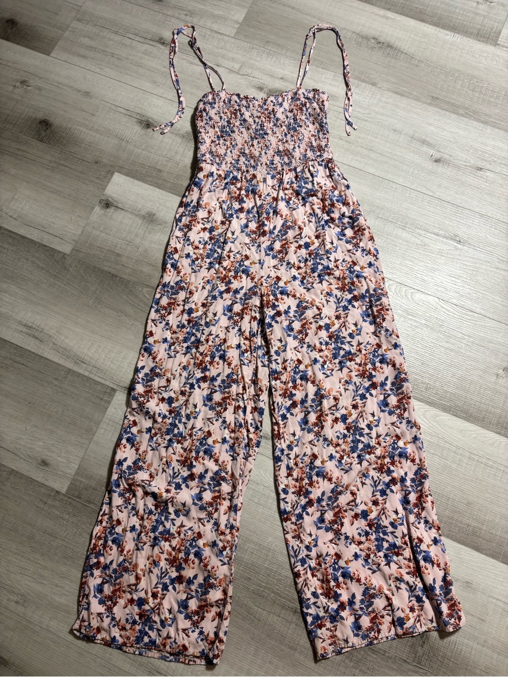 1. State Pink Floral Smocked Wide-Leg Jumpsuit Sz Large